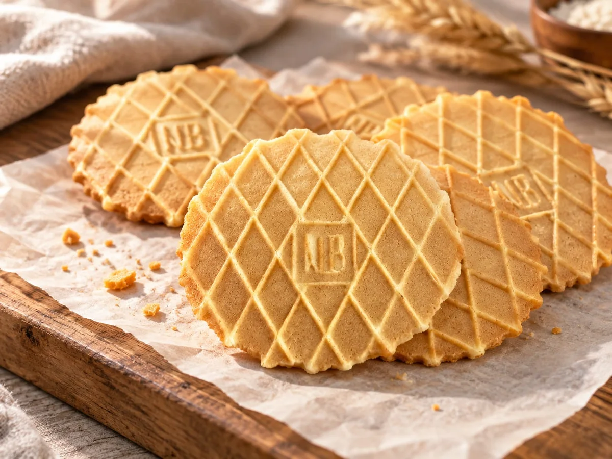 Galletitas Nébolas con dibujo romboidal y sello NB sobre una mesa